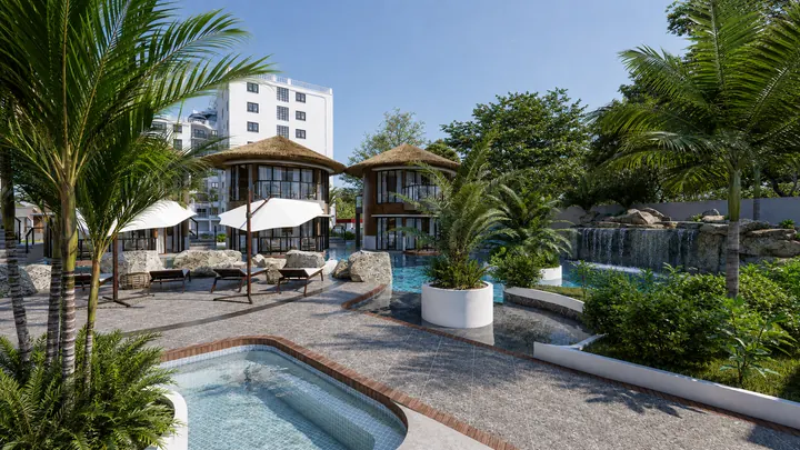 Palm-framed pool terrace with sun loungers, white umbrellas and a waterfall