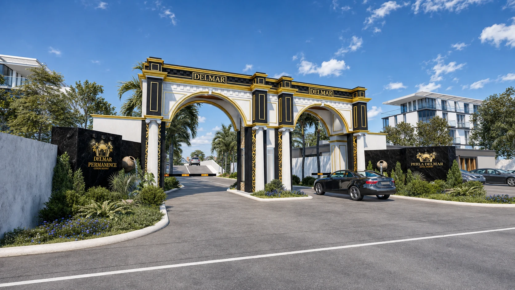 Del Mar grand twin entrance arches with white columns and gold detailing
